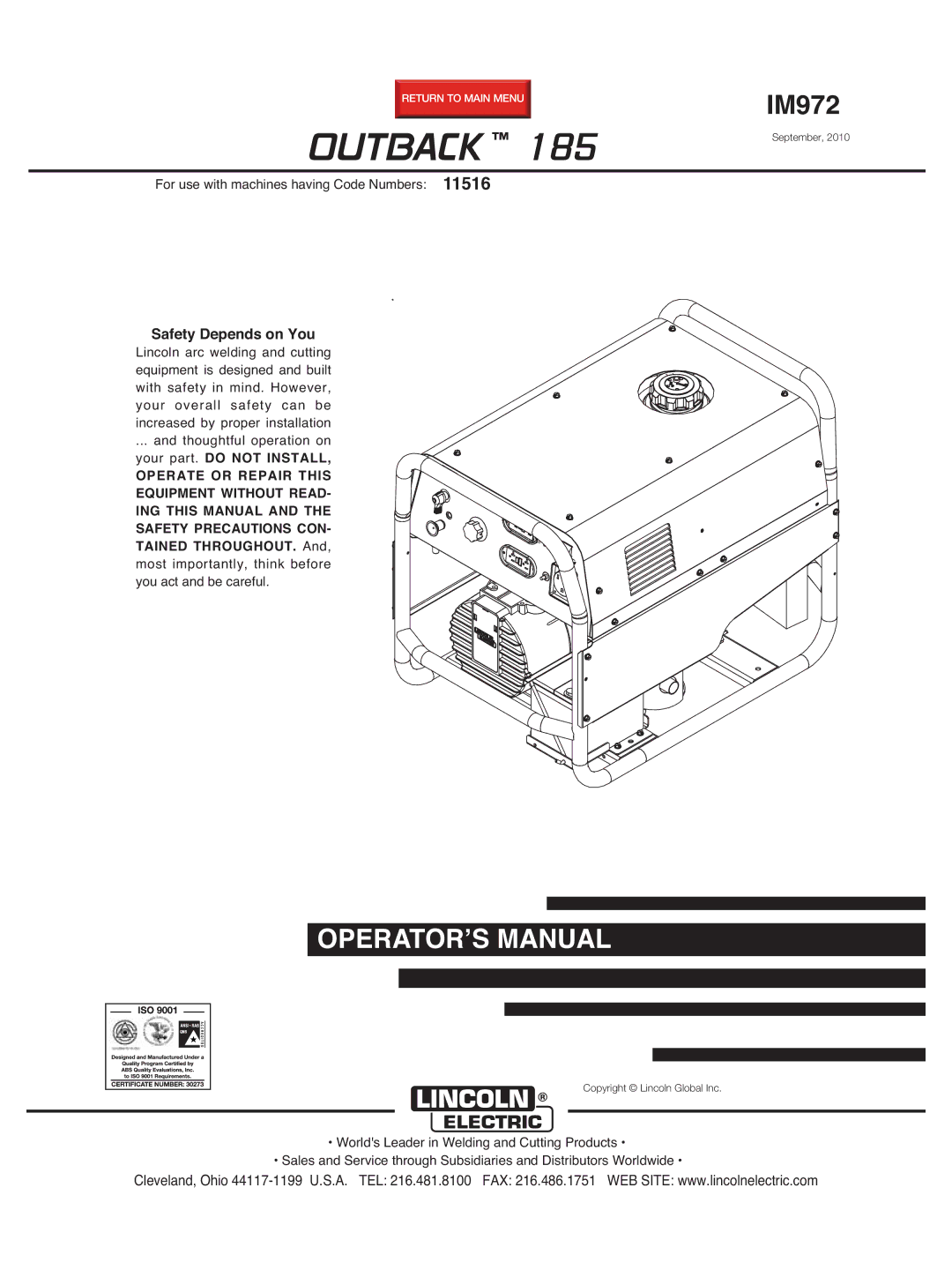 Lincoln Electric IM972 manual Outback, Safety Depends on You 