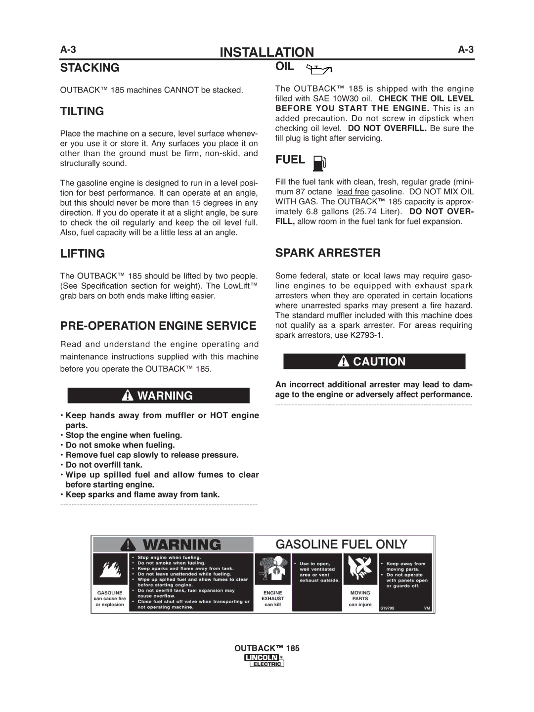 Lincoln Electric IM972 manual Stacking, Tilting, Oil, Lifting, PRE-OPERATION Engine Service, Spark Arrester 