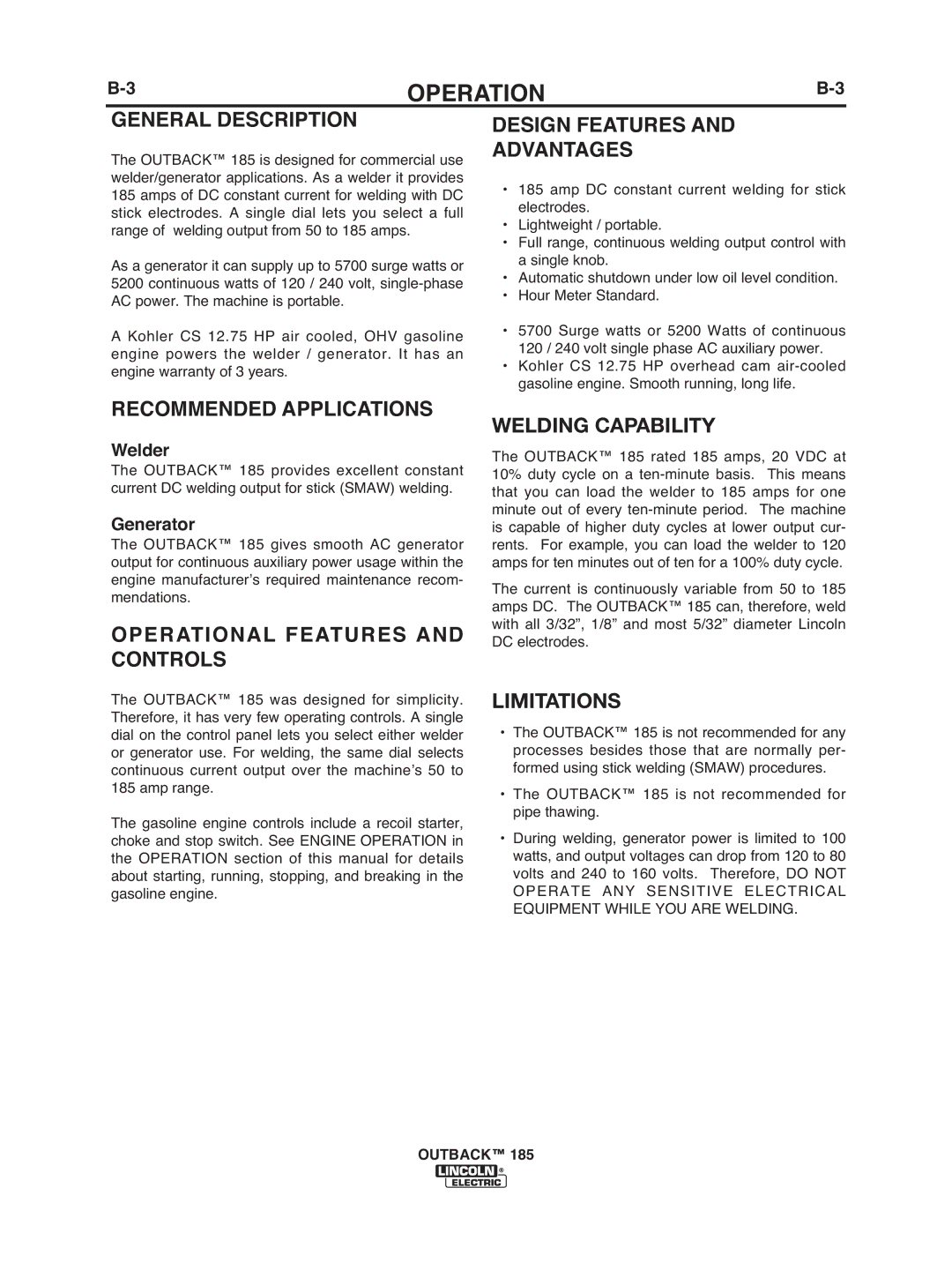 Lincoln Electric IM972 manual Welding Capability, Limitations 