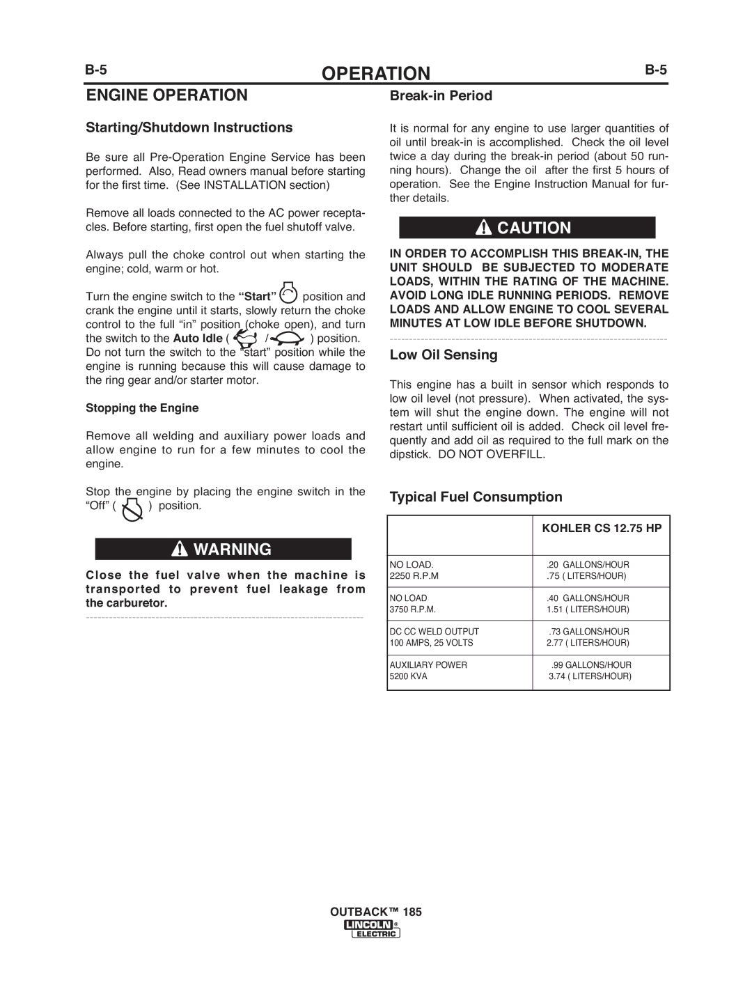 Lincoln Electric IM972 manual Engine Operation, Stopping the Engine, Kohler CS 12.75 HP 