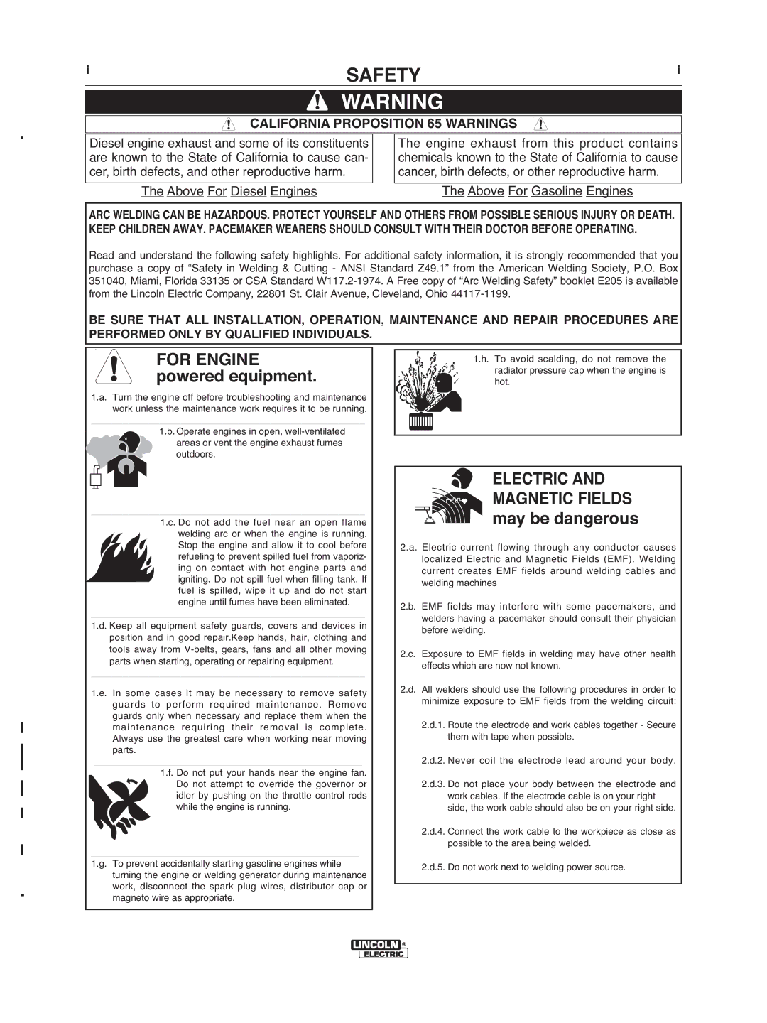 Lincoln Electric IM972 manual Safety, California Proposition 65 Warnings 