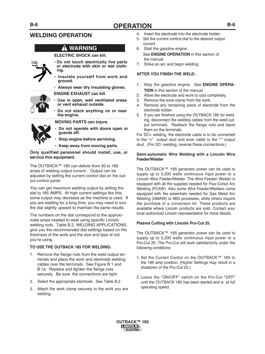 Lincoln Electric IM972 manual Welding Operation, To USE the Outback 185 for Welding, After YOU Finish the Weld 