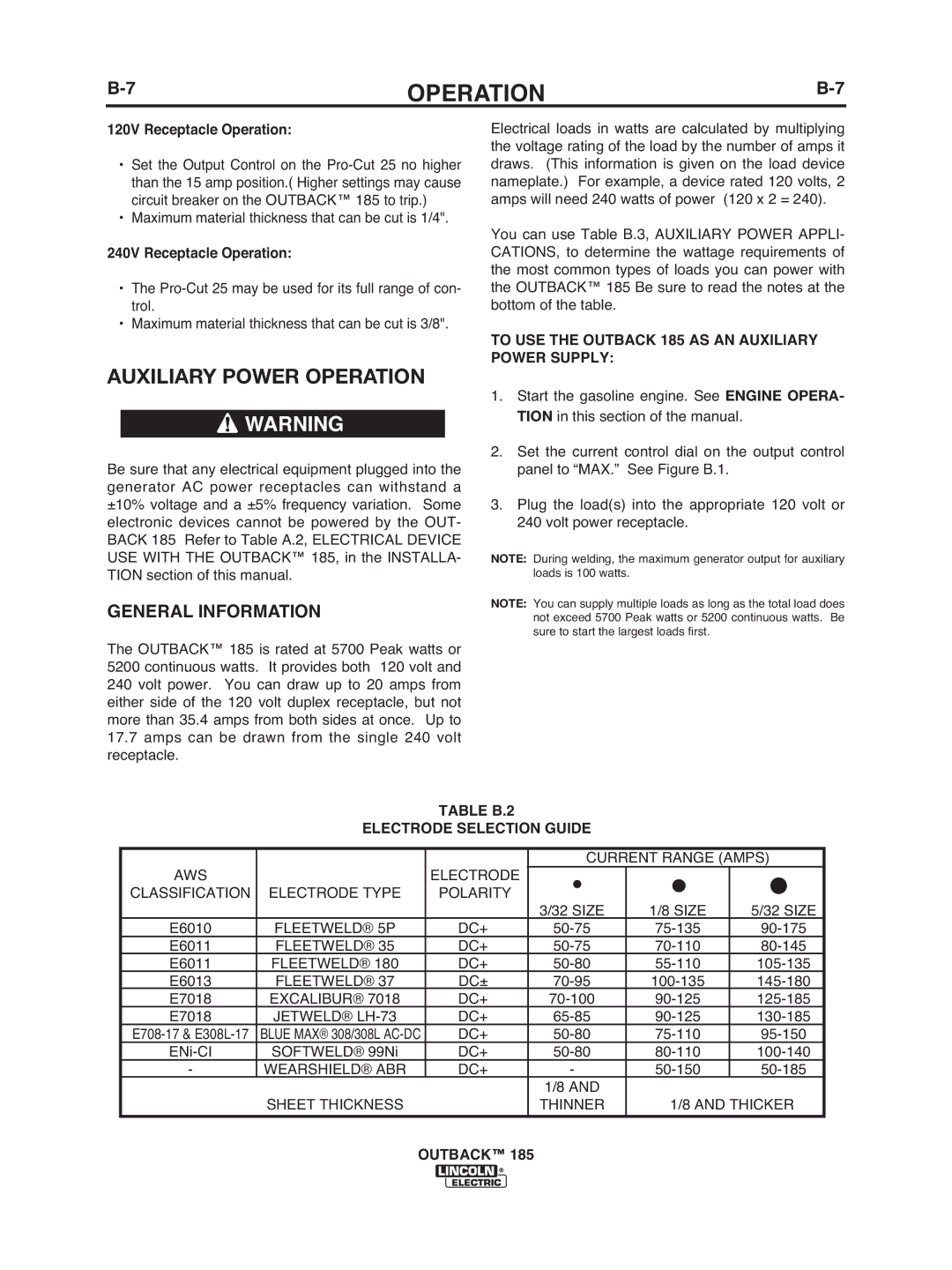 Lincoln Electric IM972 Auxiliary Power Operation, General Information, To USE the Outback 185 AS AN Auxiliary Power Supply 