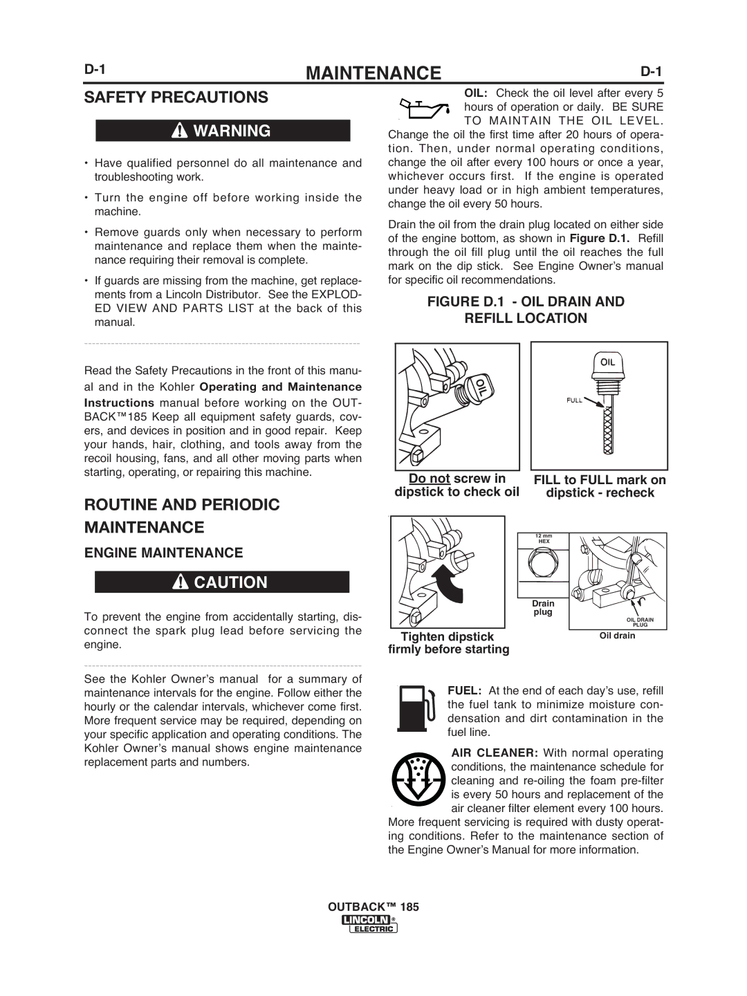 Lincoln Electric IM972 manual Safety Precautions, Routine and Periodic, Engine Maintenance 