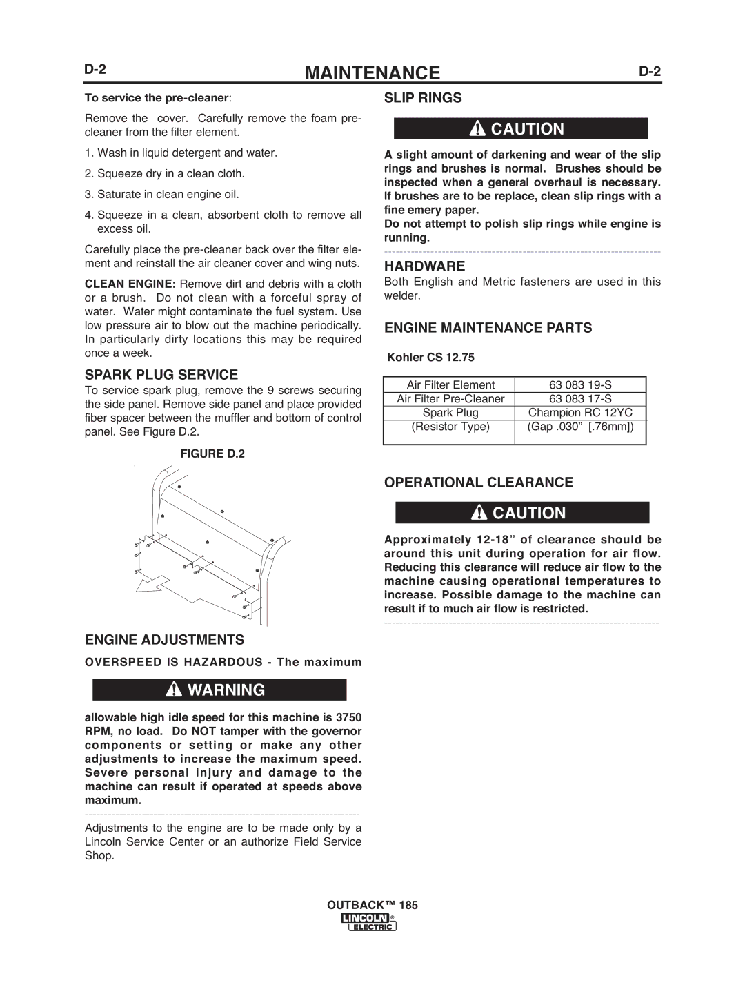 Lincoln Electric IM972 manual Spark Plug Service, Engine Adjustments, Slip Rings, Hardware, Engine Maintenance Parts 