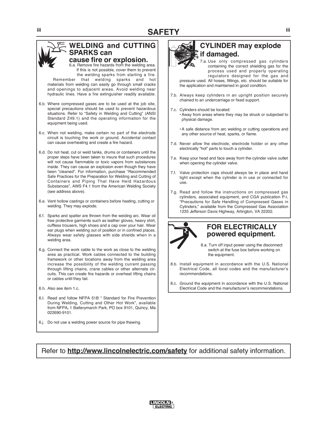 Lincoln Electric IM972 manual Welding and Cutting Sparks can Cause fire or explosion, Iii 