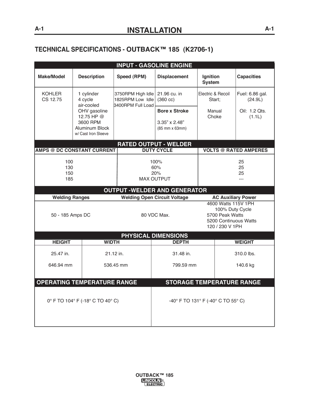 Lincoln Electric IM972 manual Installation, Technical Specifications Outback 185 K2706-1, Height Width Depth Weight 