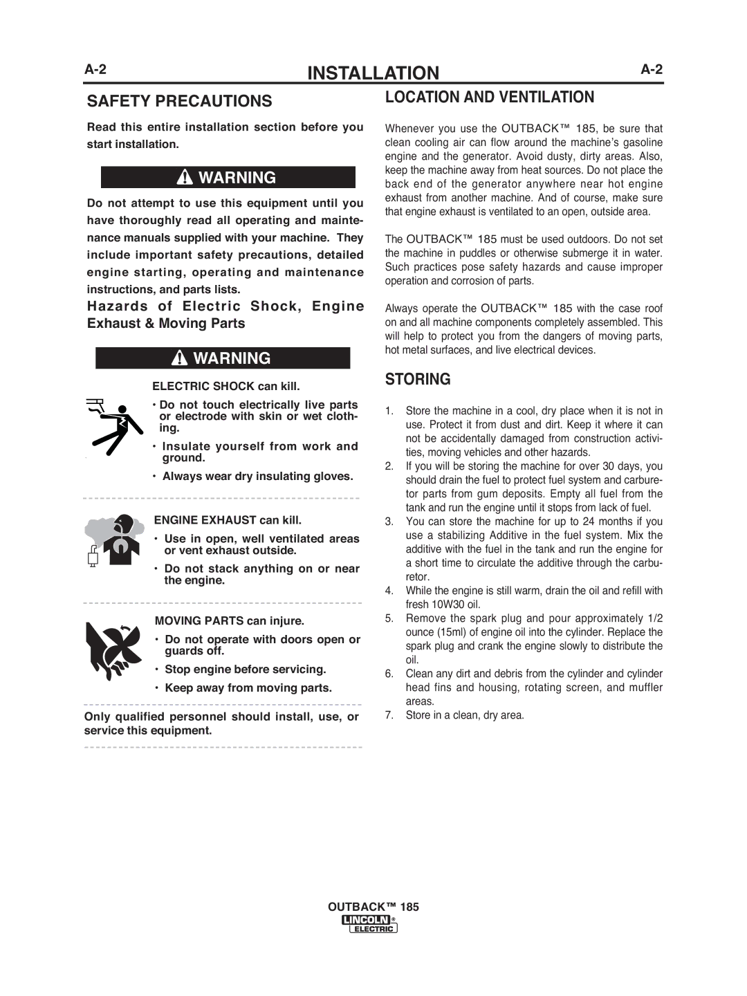 Lincoln Electric IM972 manual Safety Precautions, Location and Ventilation, Storing 