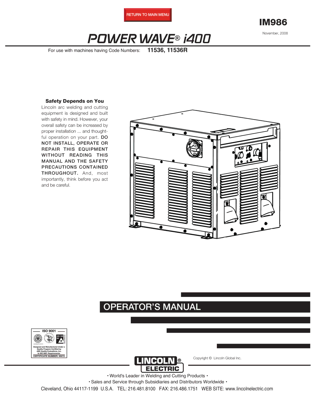 Lincoln Electric IM986 manual Power Wave, Safety Depends on You 