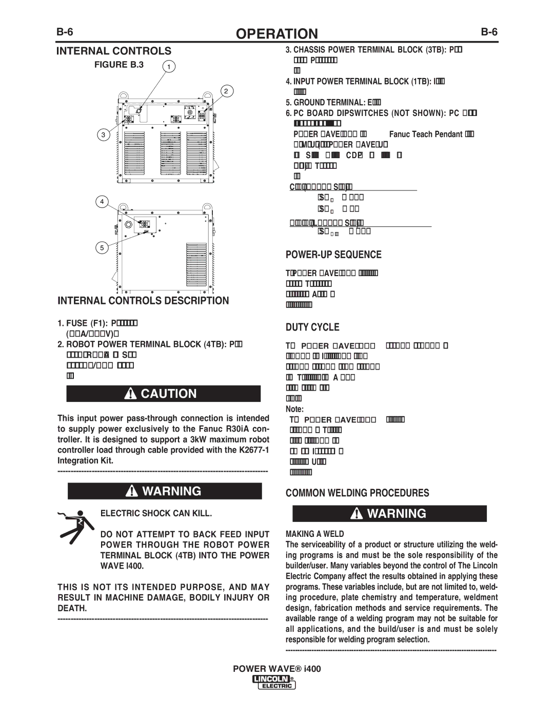 Lincoln Electric IM986 manual Internal Controls Description, POWER-UP Sequence, Duty Cycle, Common Welding Procedures 