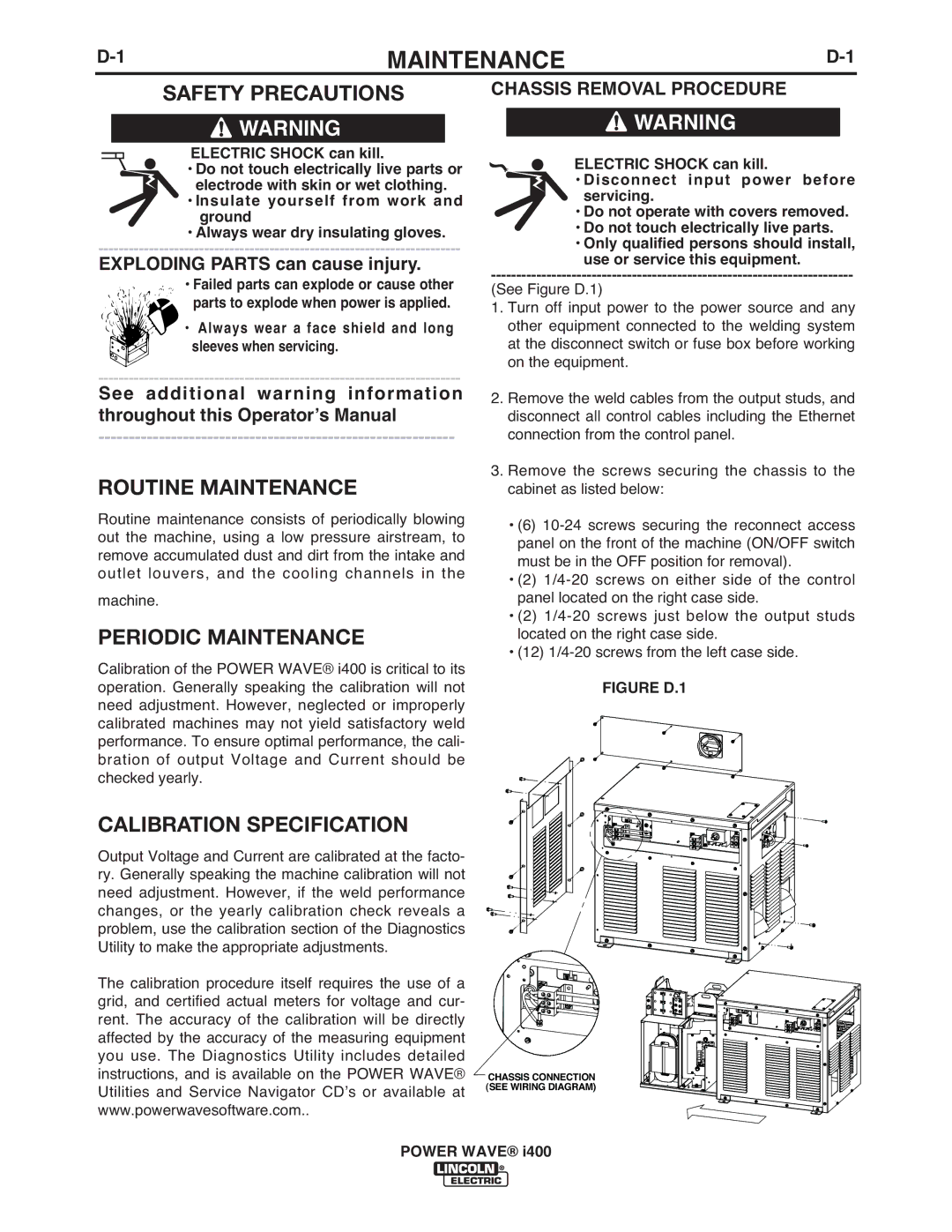 Lincoln Electric IM986 Routine Maintenance, Periodic Maintenance, Calibration Specification, Chassis Removal Procedure 