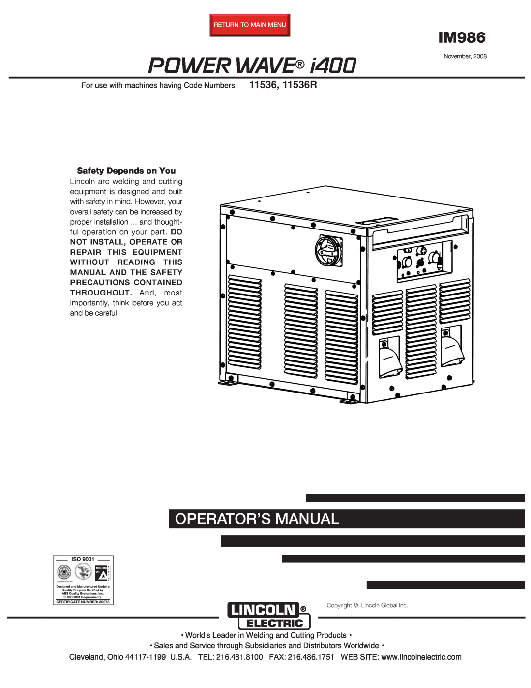 Lincoln Electric IM986 manual Power Wave, Operator’S Manual 