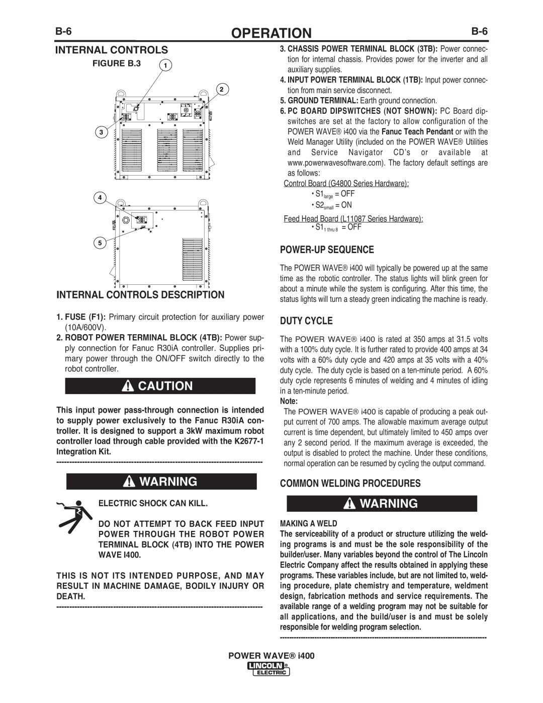 Lincoln Electric IM986 manual Internal Controls Description, Power-Up Sequence, Duty Cycle, Common Welding Procedures 