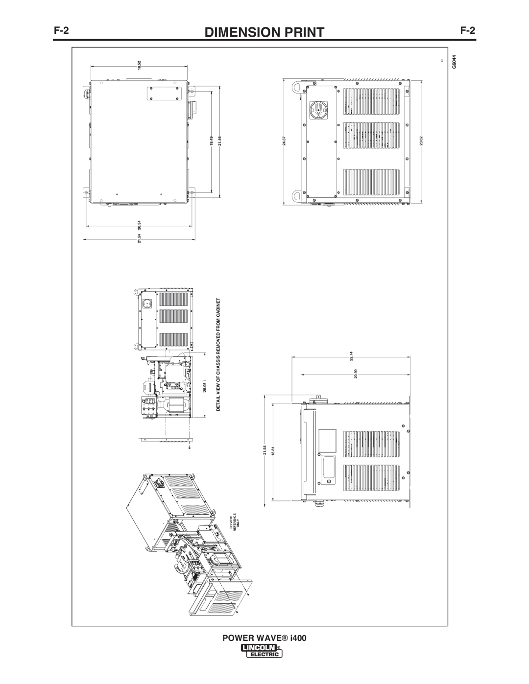 Lincoln Electric IM986 Dimension Print, Detail View Of Chassis Removed From Cabinet, G6044, 21.54, 20.34, 18.52, 25.05 
