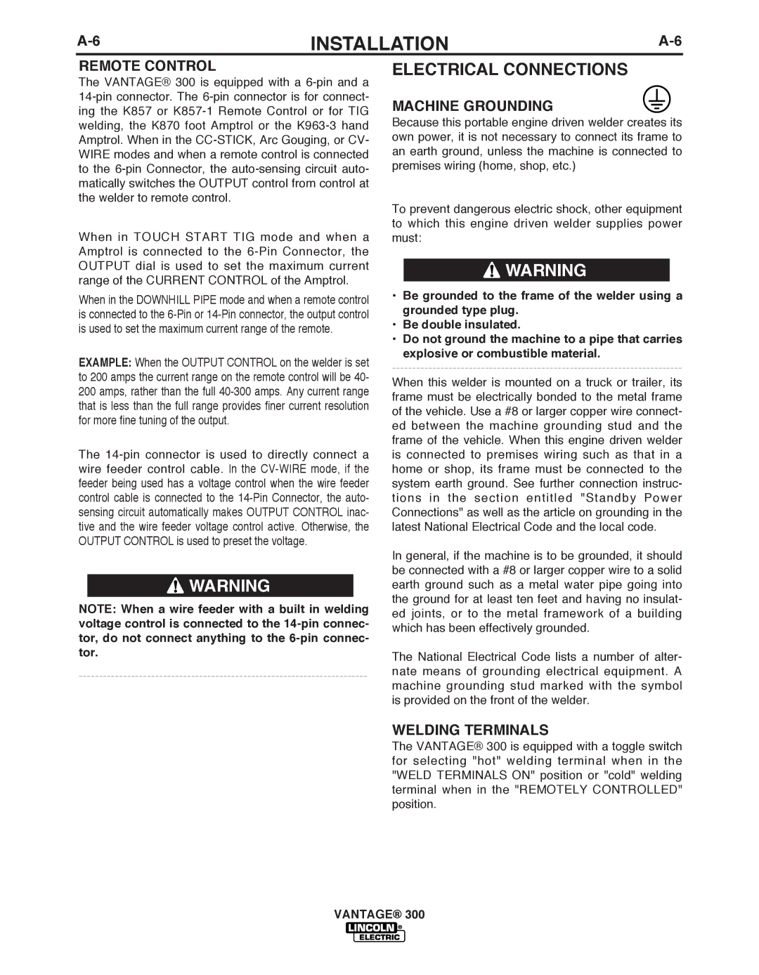 Lincoln Electric IM992 manual Electrical Connections, Remote Control, Machine Grounding, Welding Terminals 