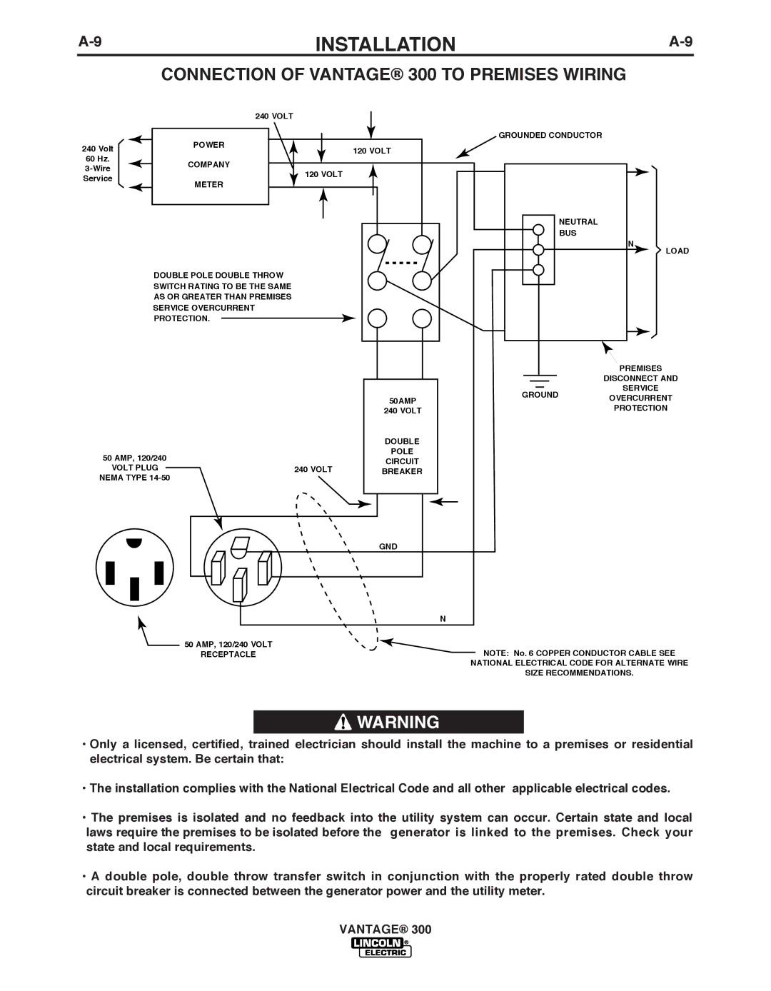 Lincoln Electric IM992 manual Connection of Vantage 300 to Premises Wiring 