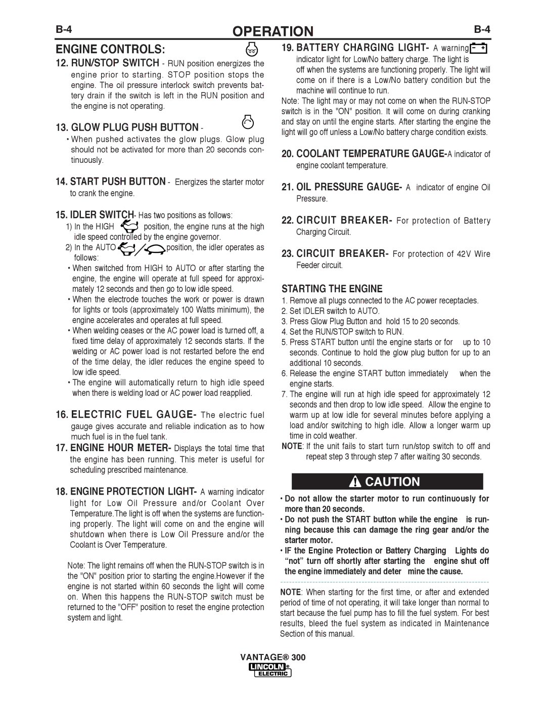 Lincoln Electric IM992 Engine Controls, Glow Plug Push bUTTON, Electric Fuel GAUGE- The electric fuel, Starting the Engine 