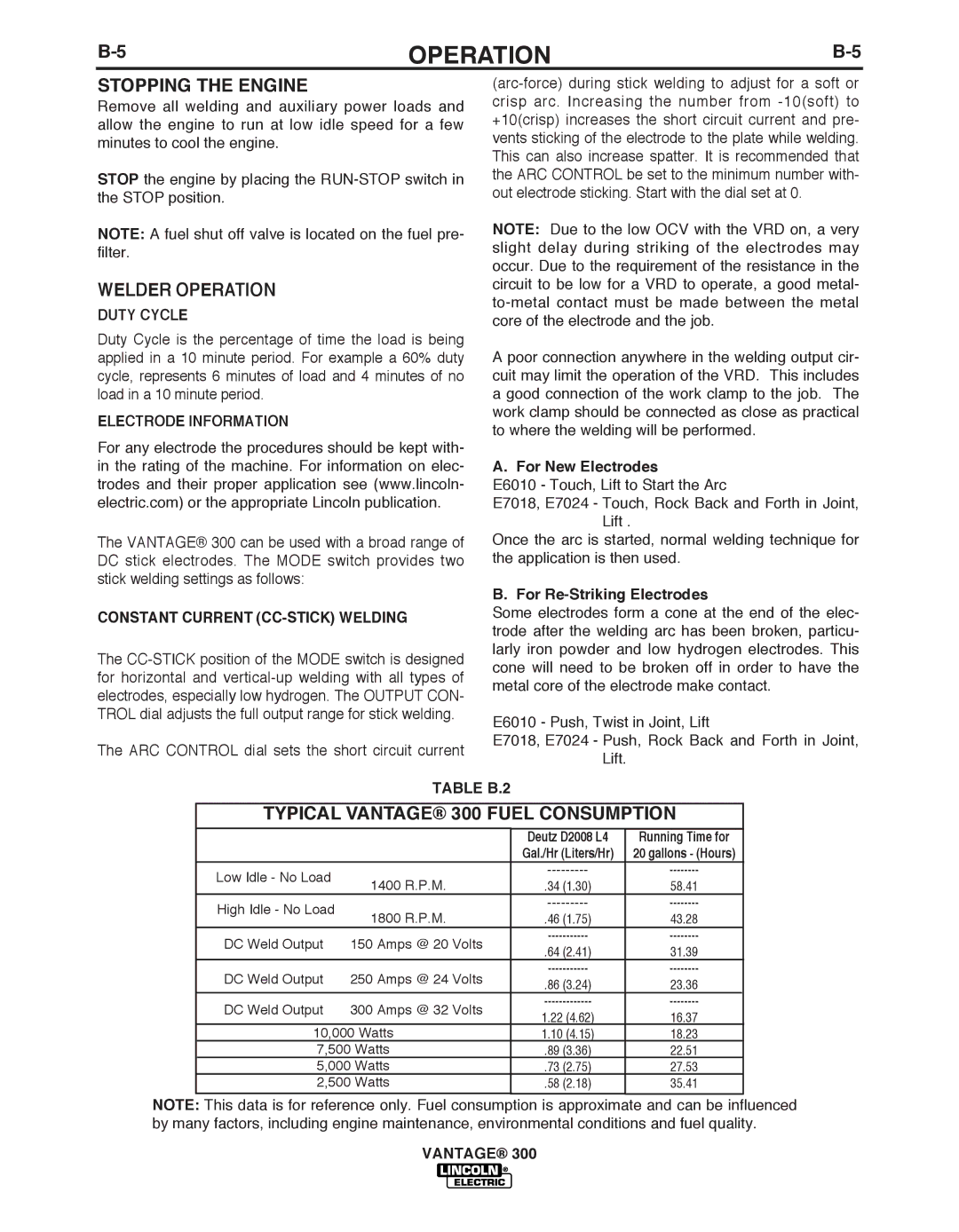 Lincoln Electric IM992 manual Stopping the Engine, Welder Operation, Typical Vantage 300 Fuel Consumption 