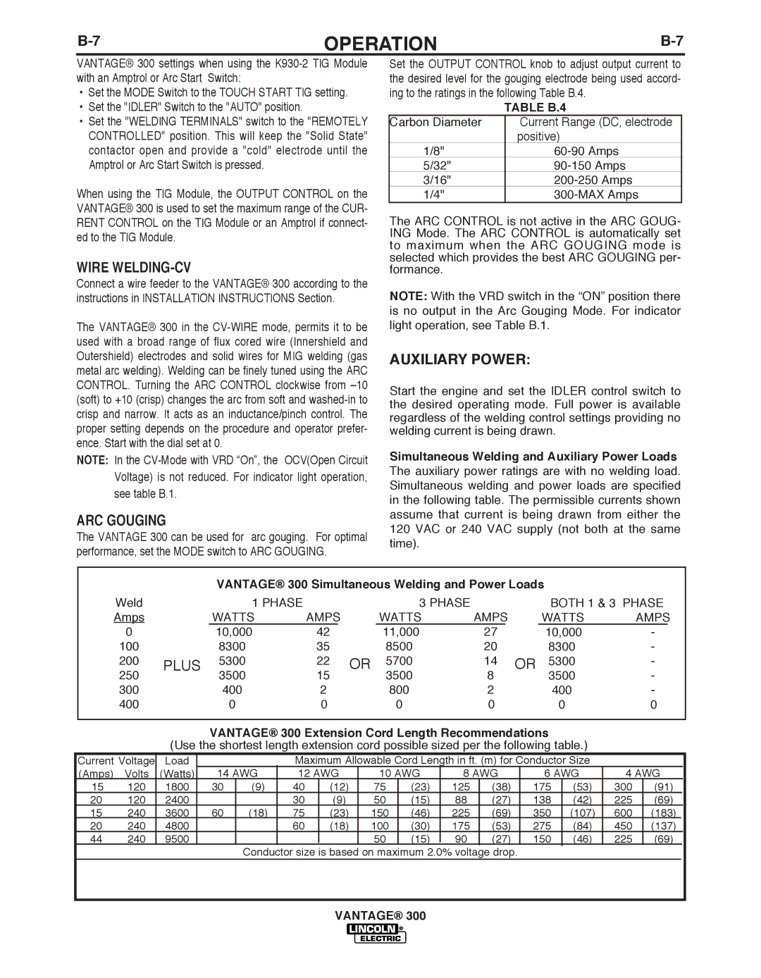 Lincoln Electric IM992 manual Wire WELDING-CV, ARC Gouging, Auxiliary Power, TAbLE b.4 