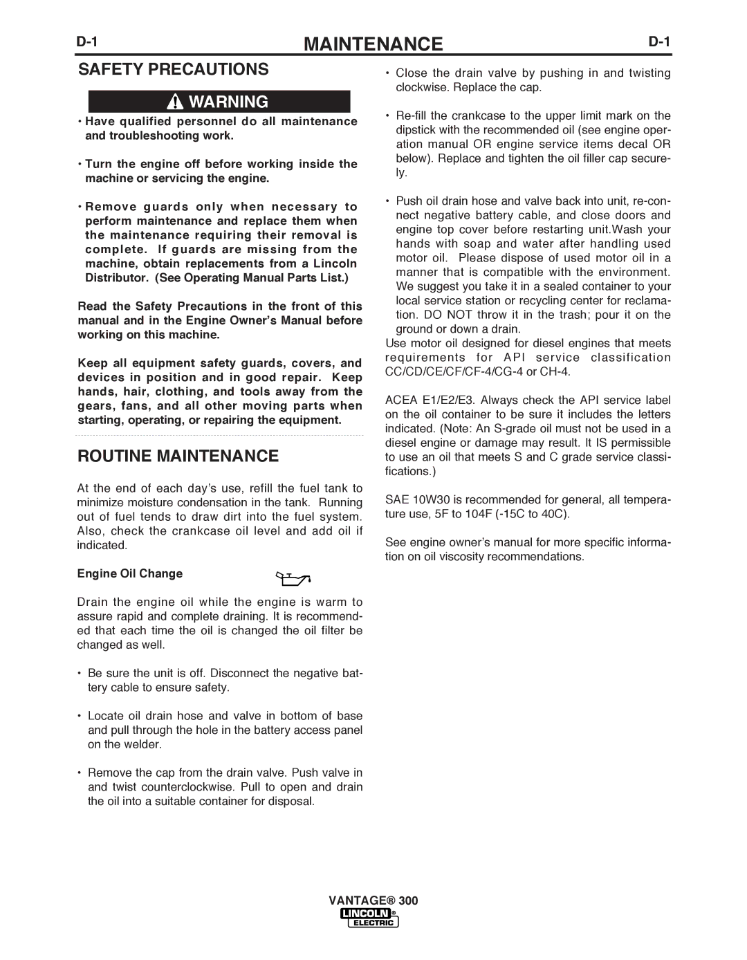 Lincoln Electric IM992 manual Routine Maintenance, Engine Oil Change 