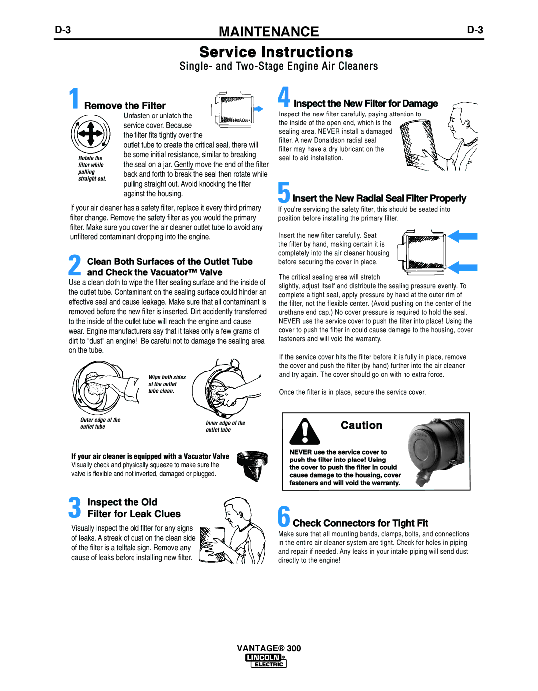 Lincoln Electric IM992 manual Service Instructions, Single- and Two-Stage Engine Air Cleaners 