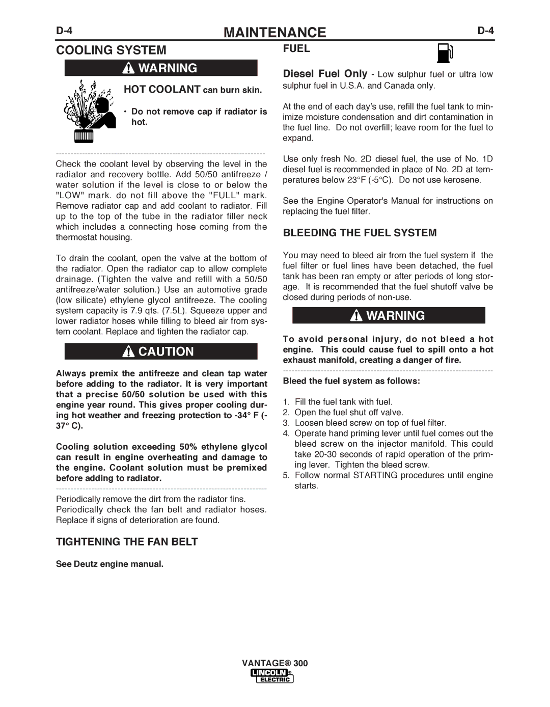 Lincoln Electric IM992 Cooling System, Tightening the FAN bELT, BLEEDING the Fuel System, See Deutz engine manual 