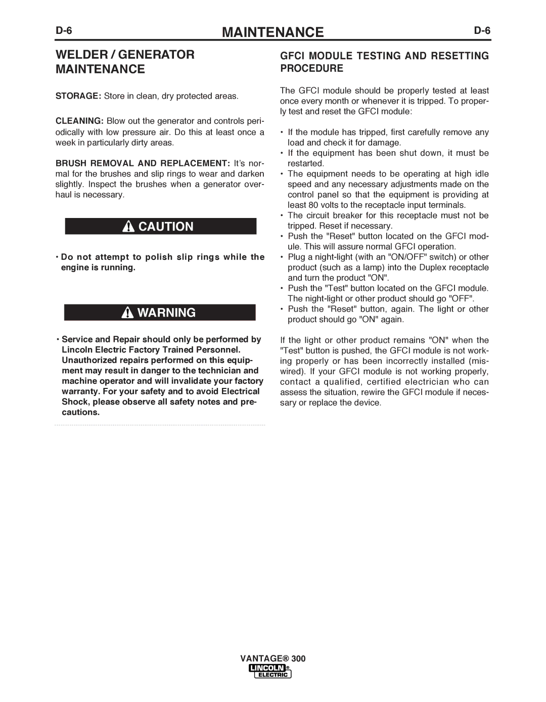 Lincoln Electric IM992 manual Welder / Generator Maintenance, Gfci Module Testing and Resetting Procedure 