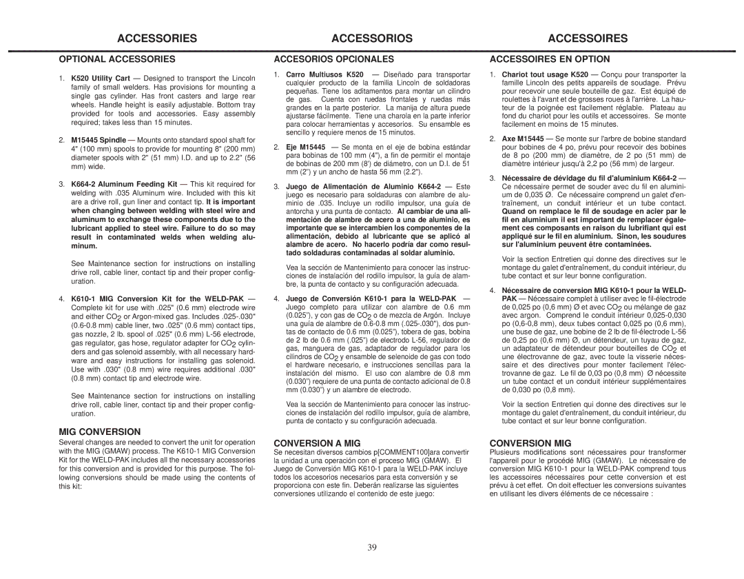 Lincoln Electric IMT460-D manual Accessories, Accessorios, Accessoires 