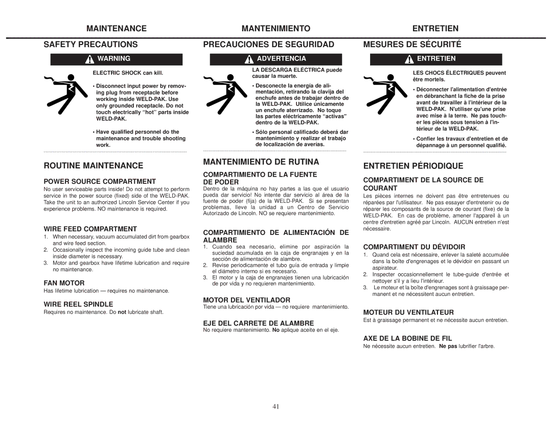 Lincoln Electric IMT460-D Maintenance Safety Precautions, Routine Maintenance, Mantenimiento Precauciones DE Seguridad 