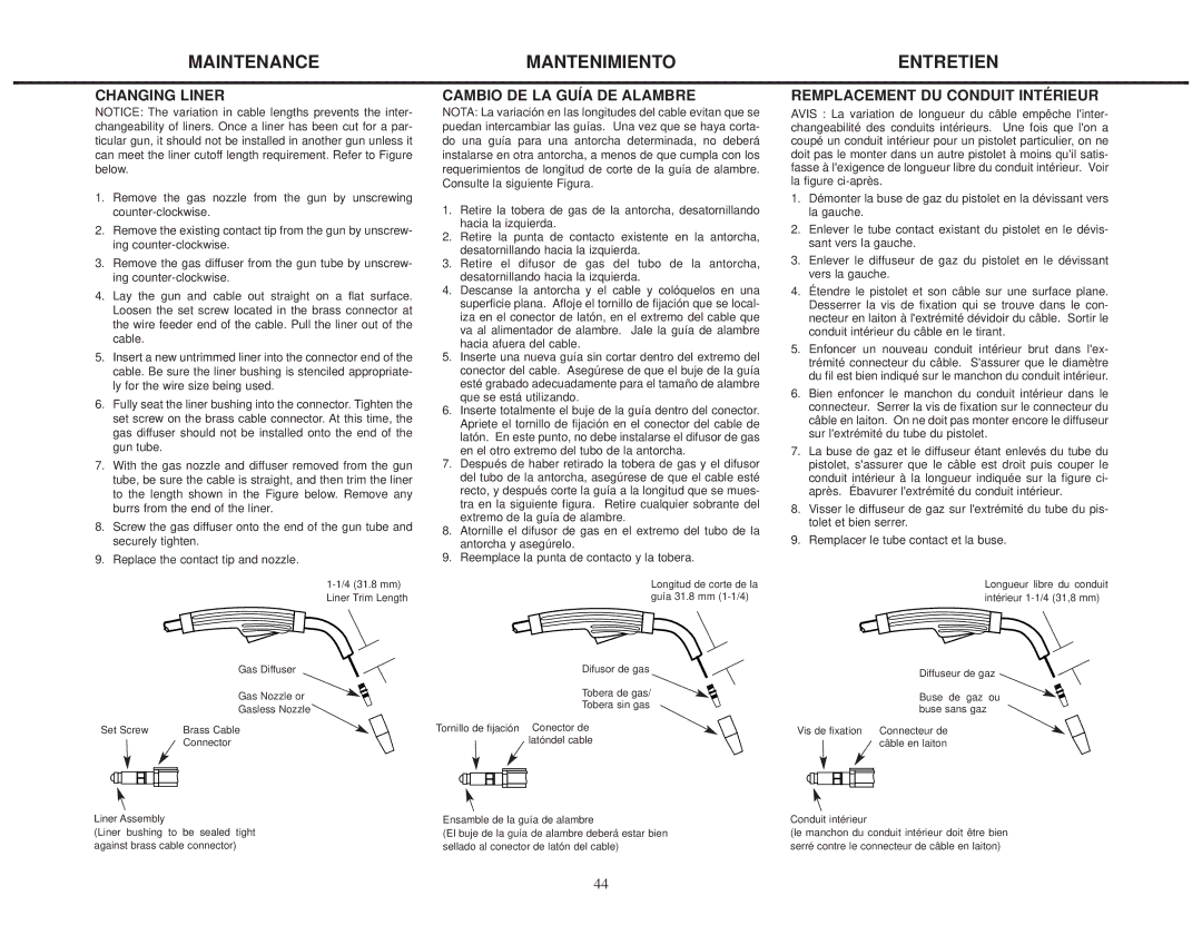 Lincoln Electric IMT460-D manual Changing Liner, Cambio DE LA Guía DE Alambre, Remplacement DU Conduit Intérieur 