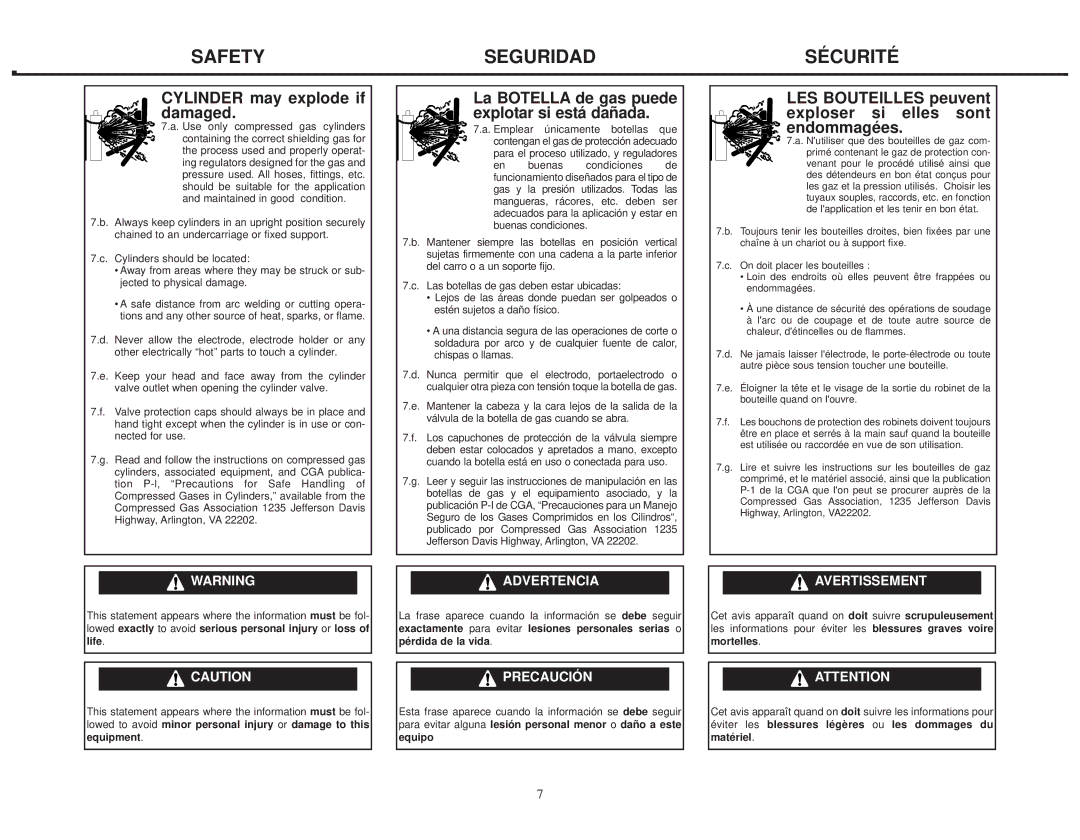 Lincoln Electric IMT460-D manual Cylinder may explode if damaged, La Botella de gas puede explotar si está dañada, Equipo 