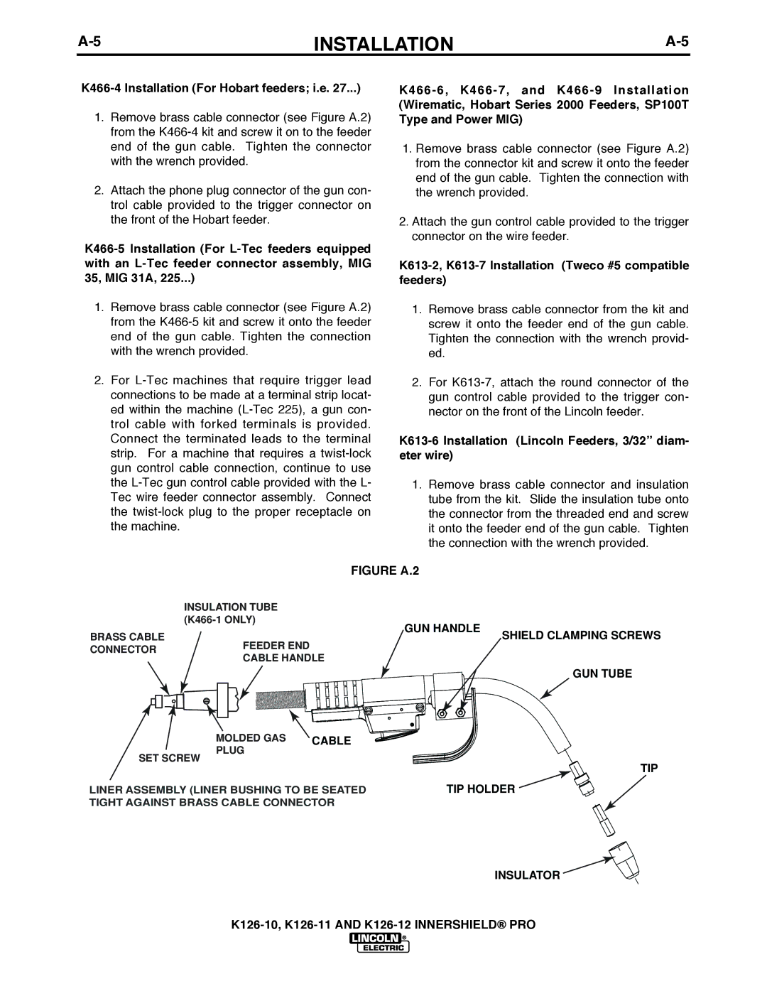 Lincoln Electric K126-12, K126-11, K126-10 manual K466-4 Installation For Hobart feeders i.e 