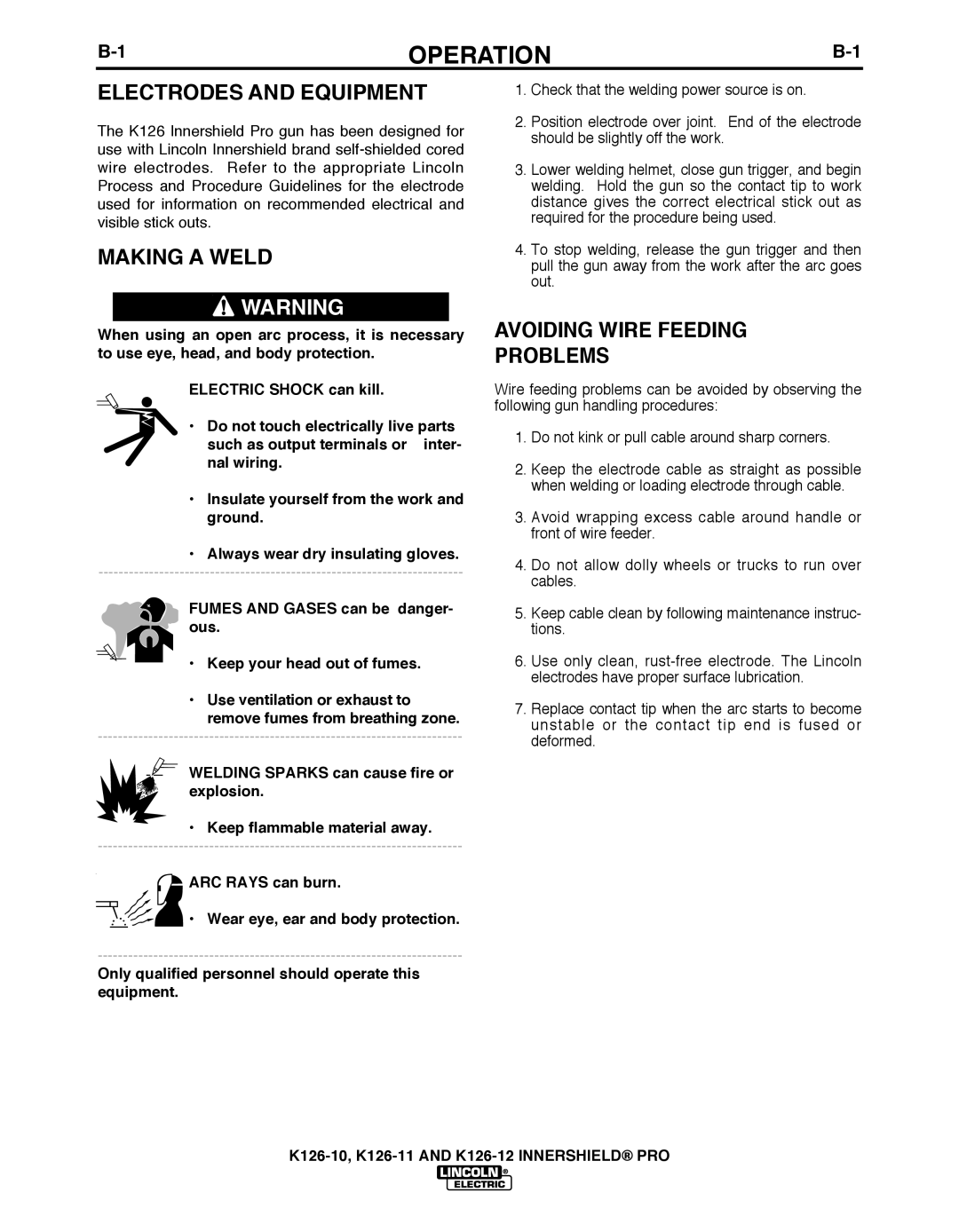 Lincoln Electric K126-12, K126-11, K126-10 manual Operation, Electrodes and Equipment 