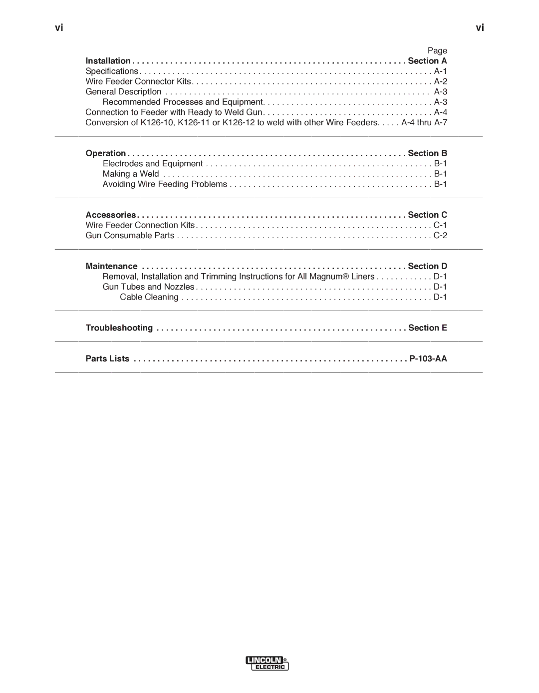 Lincoln Electric K126-11, K126-12, K126-10 manual Section a, Section b, Section C, Section D, 103-AA 