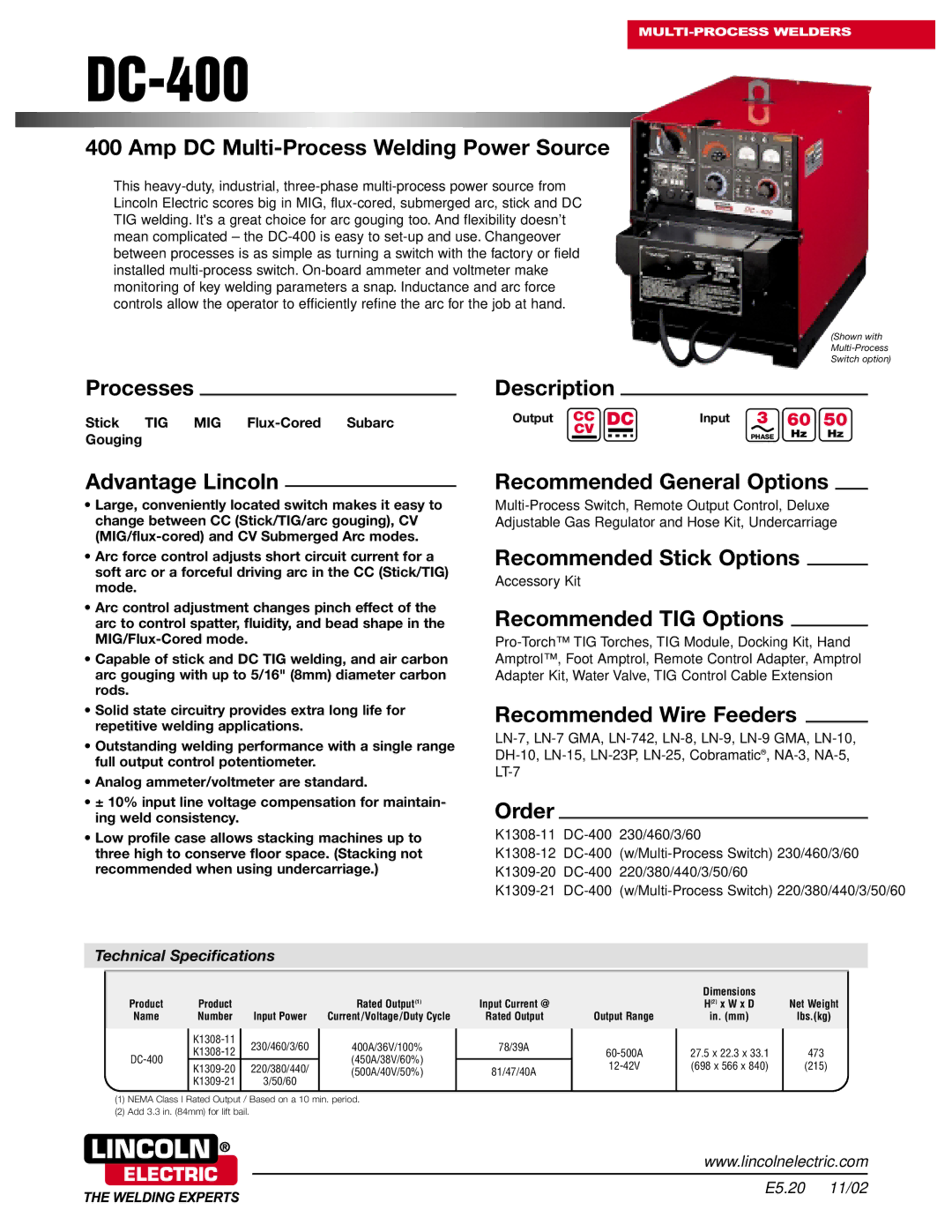 Lincoln Electric K1308-12 technical specifications Amp DC Multi-Process Welding Power Source, Processes, Advantage Lincoln 