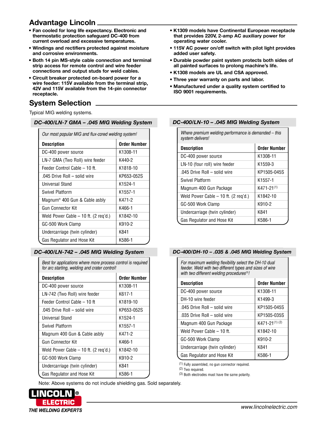 Lincoln Electric K1309-20 System Selection, DC-400/LN-7 GMA .045 MIG Welding System, DC-400/LN-10 .045 MIG Welding System 