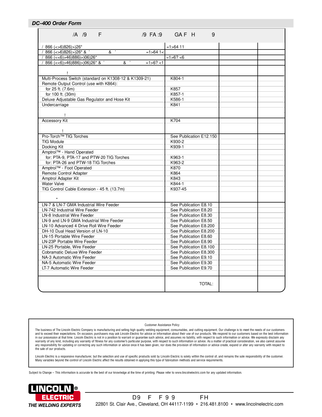 Lincoln Electric K1309-21, K1308-12, K1309-20, K1308-11 DC-400 Order Form, Product Description Order Number Quantity Price 