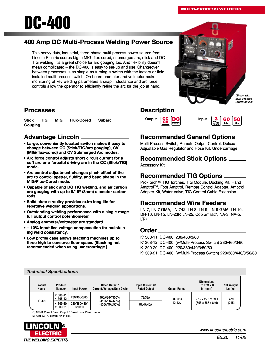 Lincoln Electric K1308-12 technical specifications Amp DC Multi-Process Welding Power Source, Processes, Advantage Lincoln 