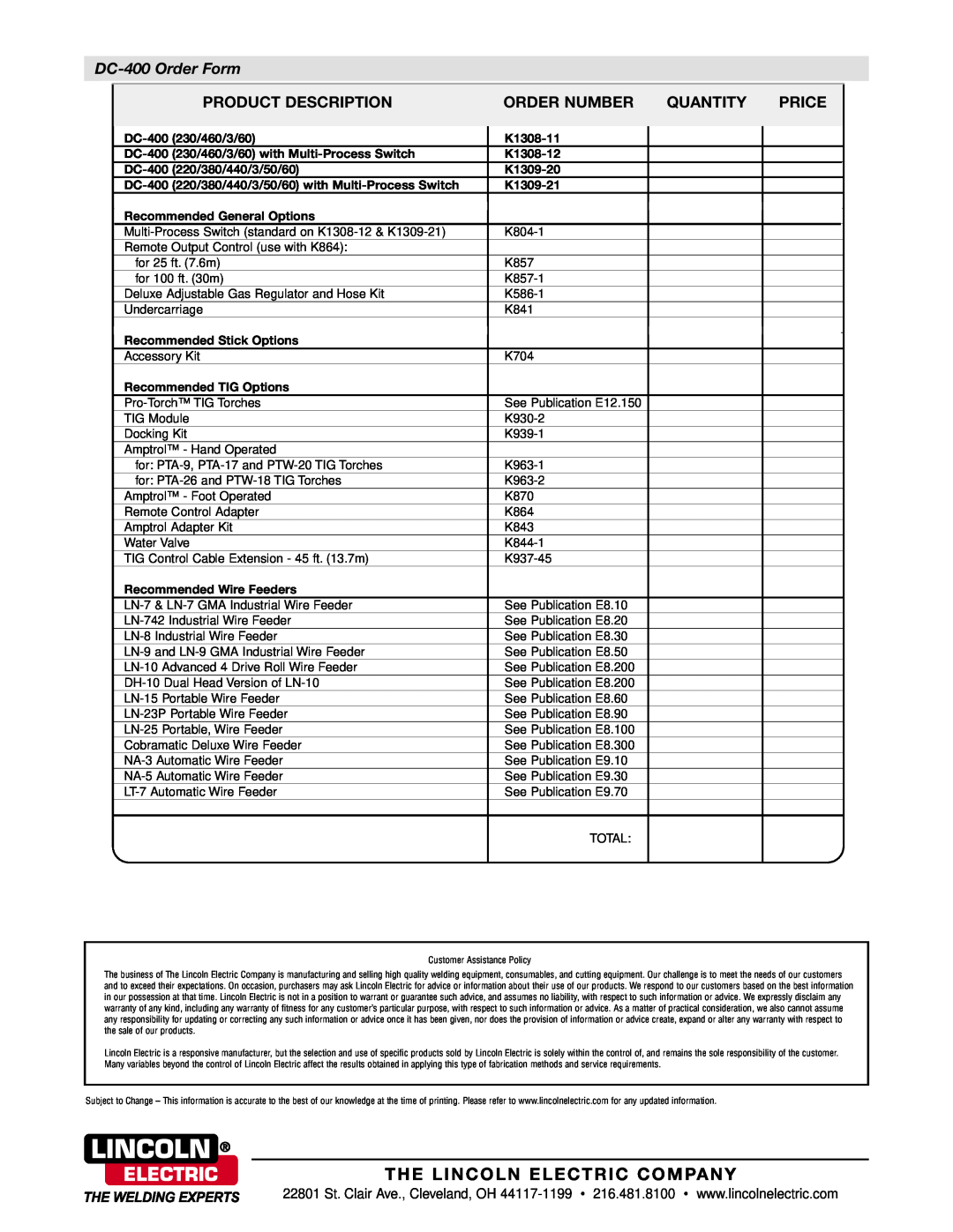 Lincoln Electric K1309-21, K1308-12, K1309-20, K1308-11 DC-400 Order Form, The Lincoln Electric Company 