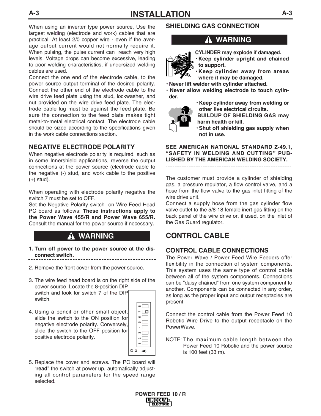 Lincoln Electric K1780-1 manual Shielding GAS Connection, Negative Electrode Polarity, Control Cable Connections 