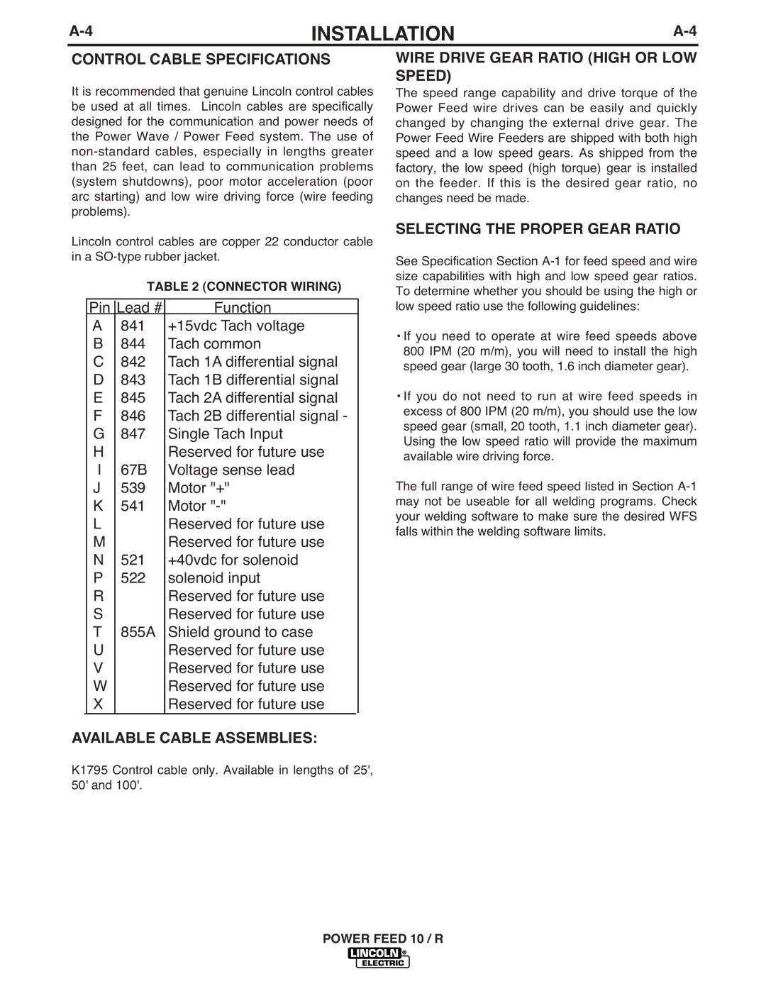 Lincoln Electric K1780-1 manual Speed, Selecting the Proper Gear Ratio, Available Cable Assemblies 