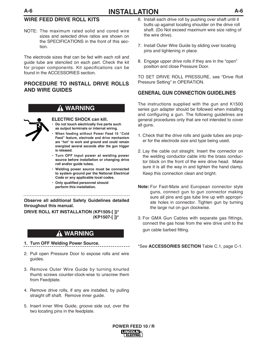 Lincoln Electric K1780-1 manual Wire Feed Drive Roll Kits, Procedure to Install Drive Rolls, Wire Guides 