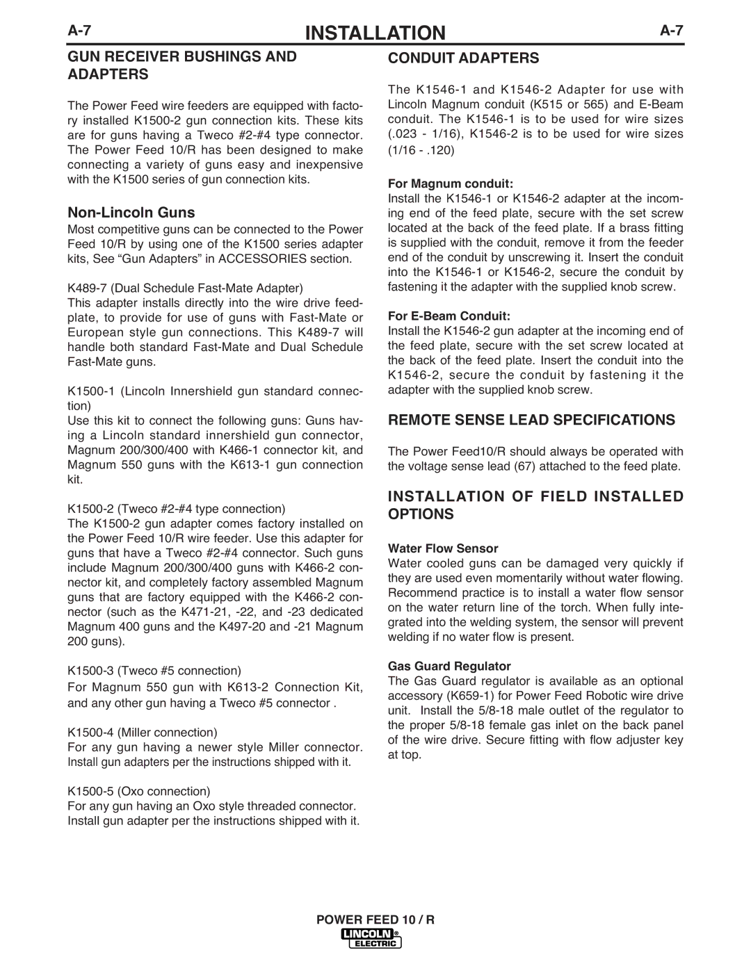 Lincoln Electric K1780-1 manual GUN Receiver Bushings Conduit Adapters, Non-Lincoln Guns, Remote Sense Lead Specifications 