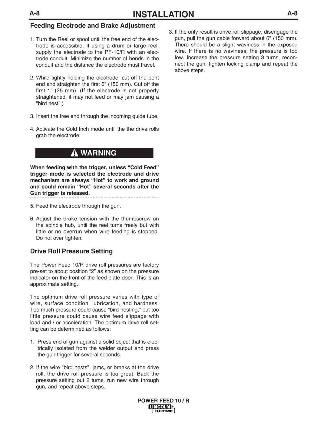 Lincoln Electric K1780-1 manual Feed Ing Electrode and Brake Adjustment, Drive Roll Pressure Setting 