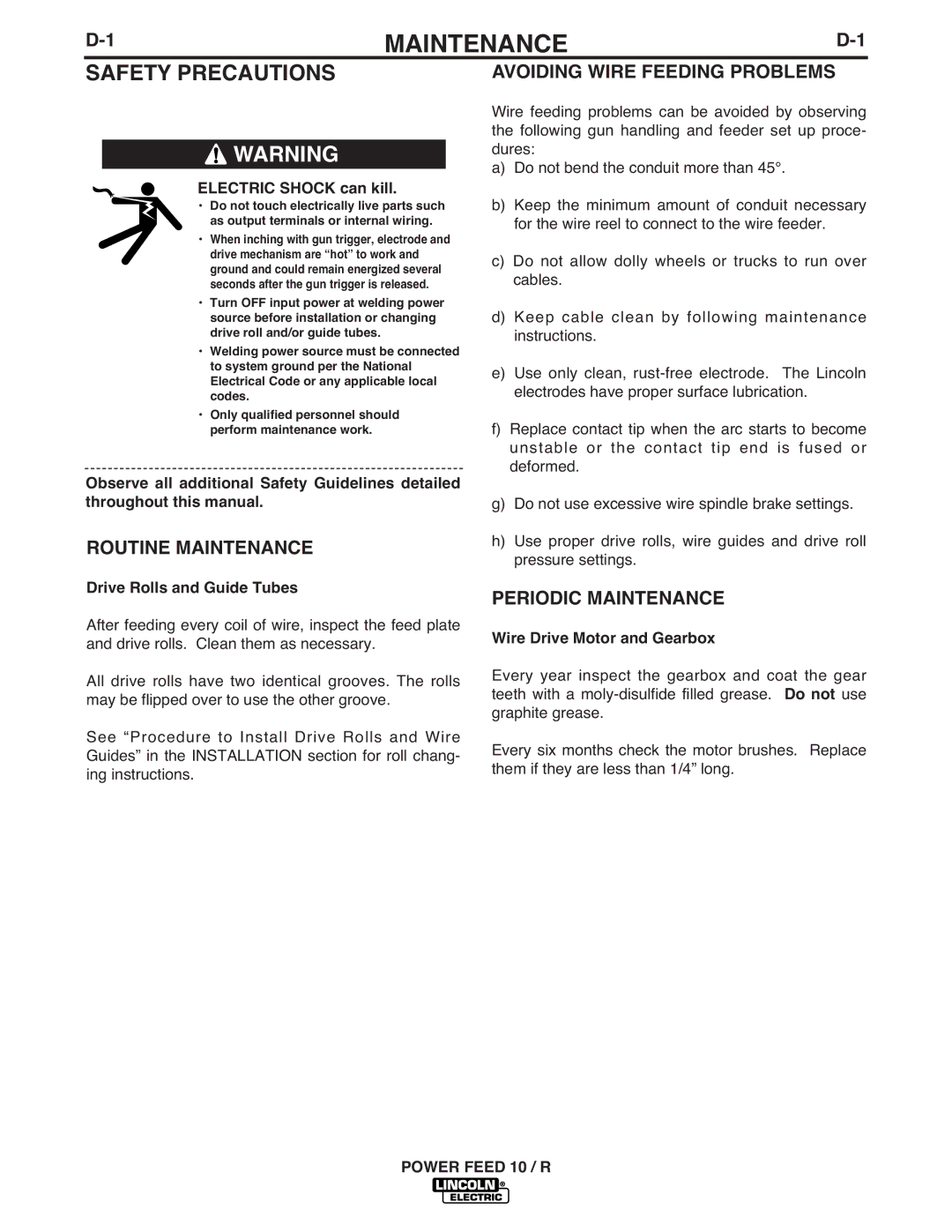 Lincoln Electric K1780-1 manual Avoiding Wire Feeding Problems, Routine Maintenance, Periodic Maintenance 