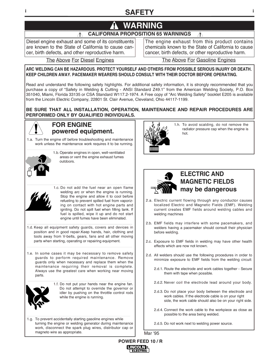 Lincoln Electric K1780-1 Safety, For Engine, Electric Magnetic Fields, Califo Rnia Proposition 65 Warnings, Feed 10 / R 