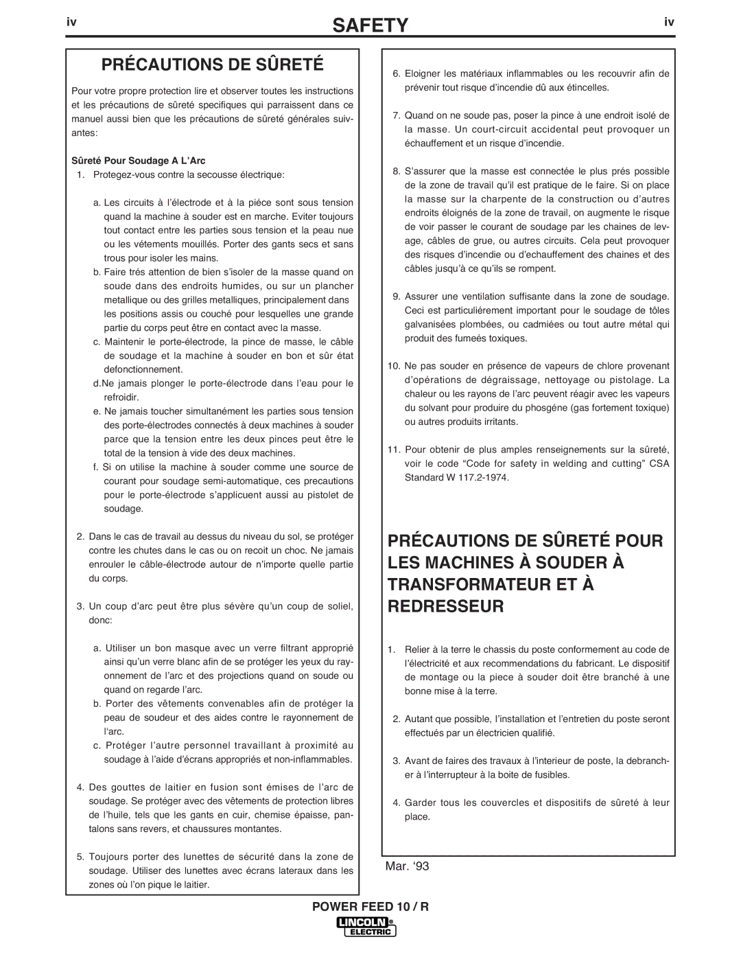 Lincoln Electric K1780-1 manual Précautions DE Sûreté, LES Machines À Souder À, Transformateur ET À, Redresseur 