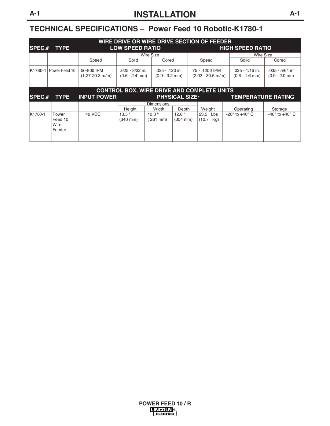 Lincoln Electric manual Installation, Technical Specifications Power Feed 10 Robotic-K1780-1 