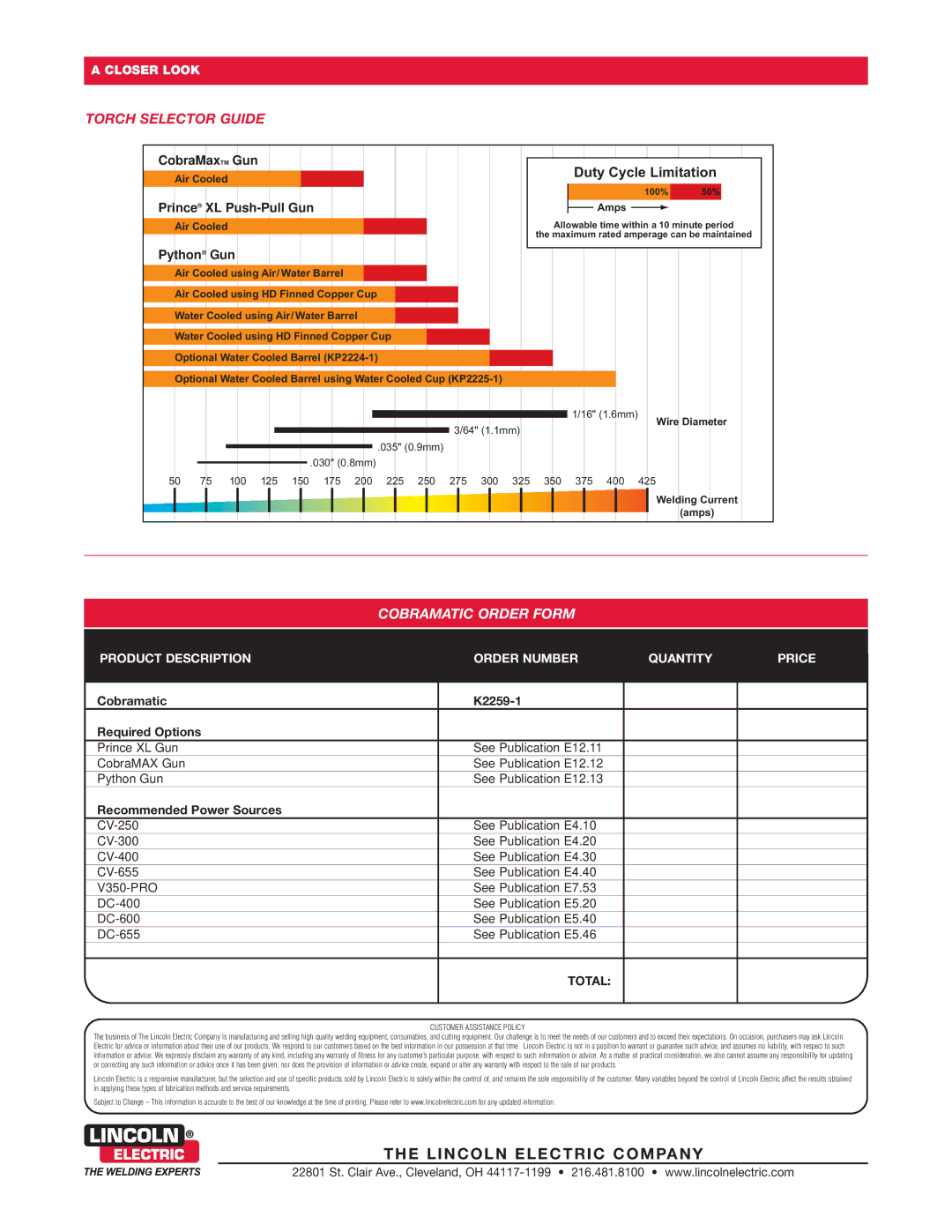 Lincoln Electric warranty XL Push-Pull Gun, Python Gun, Cobramatic K2259-1 Required Options, Recommended Power Sources 