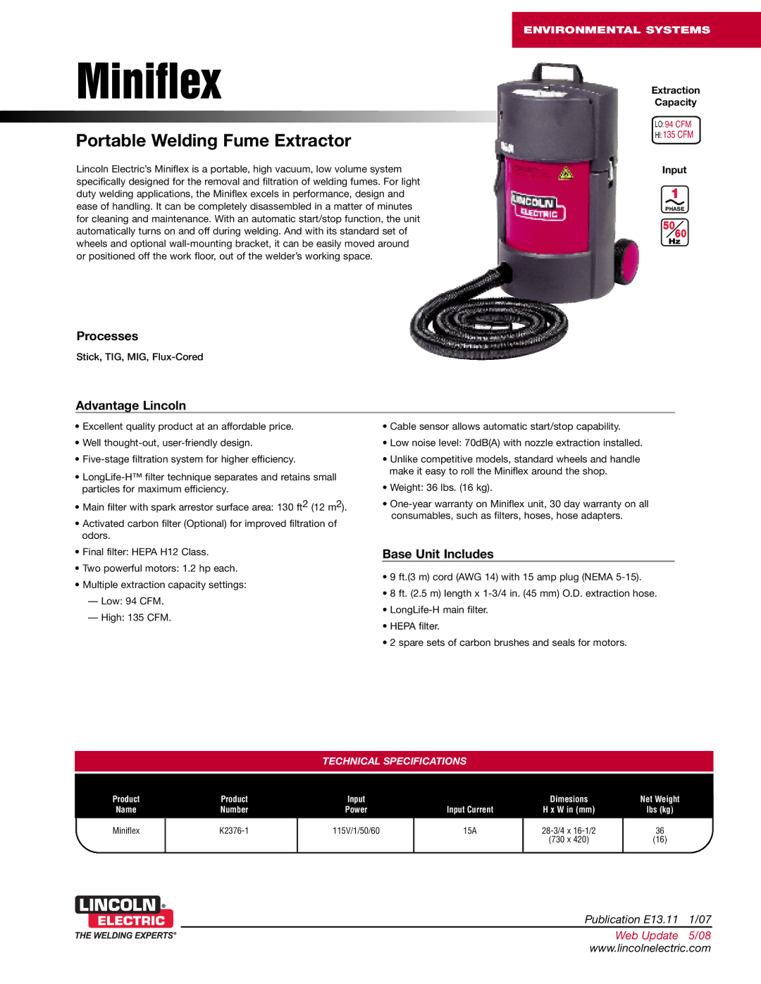 Lincoln Electric K2376-1 warranty Environmental Systems, Extraction Capacity, Input 